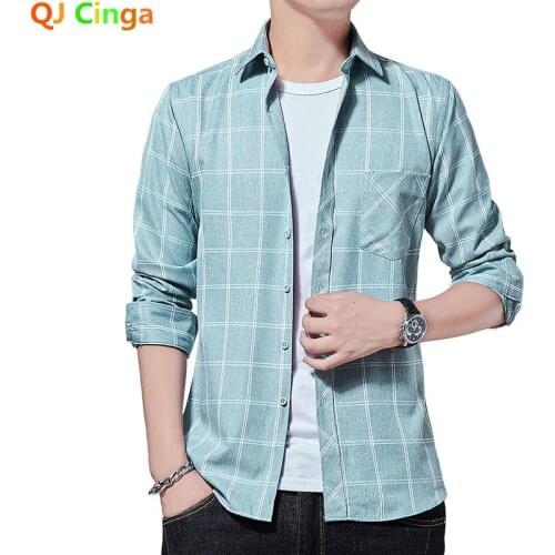 Green Stripe Checked Shirt for Men Long Sleeve Square Collars Single Button Cotton Shirts Blue Grey for Men Fit Camisa/Chemise