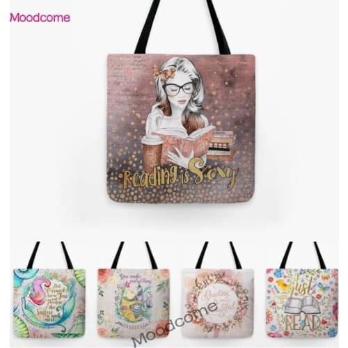 Floral Book Reading Art Foldable Decoration School Bag Water Resistant Cotton Linen Shoulder Tote Bag Large Shopping Bag