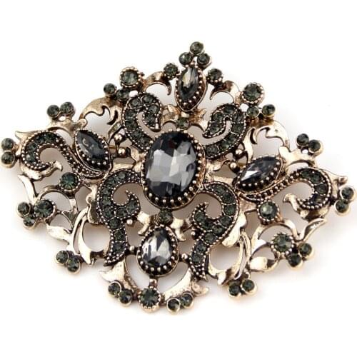 Sunspicems Retro Vintage Gray Crystal Turkish Brooch For Women Flower Bohemia Jewelry Antique Gold Color Ottoman Wedding Bijoux