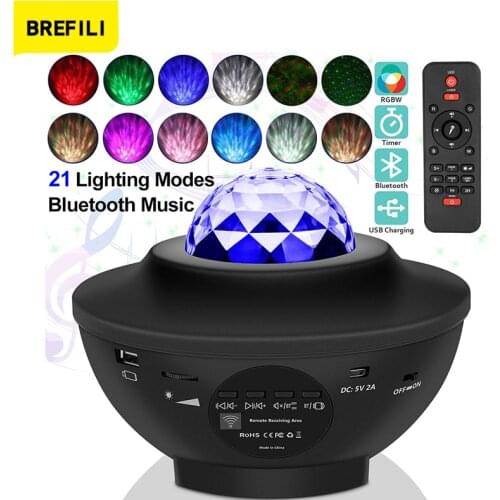 LED Star Night Light Water Waving Starry Projector Light Bluetooth Music Player Projector Sound-Activated Projector Light Decor