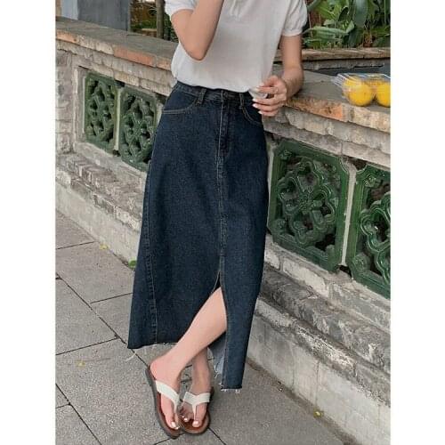 2021 Spring and Summer New Denim Skirt Women Korean Style High Waist Split A-Line Mid-Length Solid Color Skirt Women