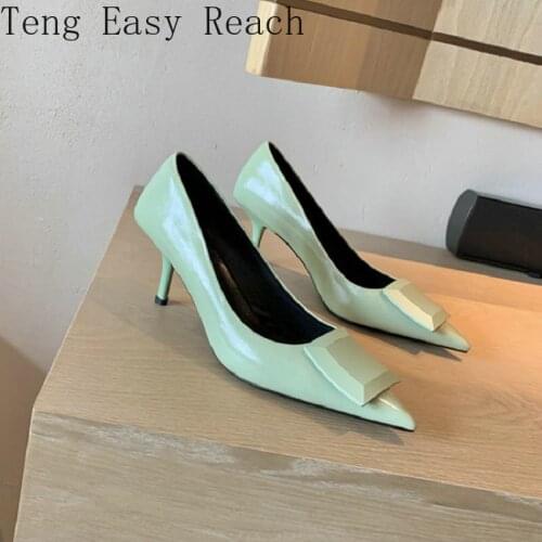 2021 Genuine Natural Leather Pointed Toe Mint Green Nude Color Sexy Lady Pumps Office Wedding Thin High Heels Women Stiletto