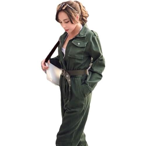 New Spring Autumn Women Vintage Workwear Slim Jeans Jumpsuit Street Wear Belt Romper Army Green Denim Overalls Cowboy Work Suit
