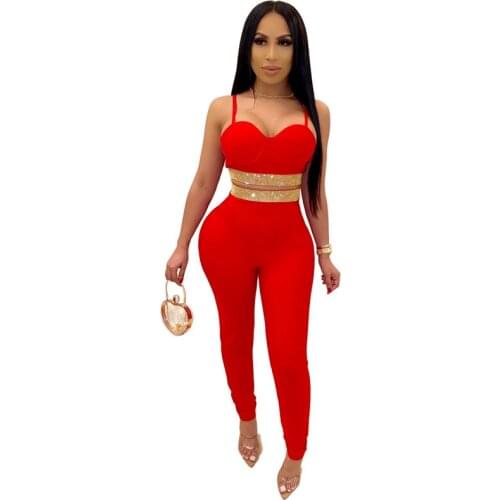 Foreign style sexy women set sleeveless tank top and long pant set female sequin 2 pieces club outfits women set