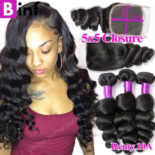 20 30 40 Loose Wave Bundles With 5X5 HD Closure Brazilian Hair Weave Bundles With Closure Remy Hair Extension Natural Black