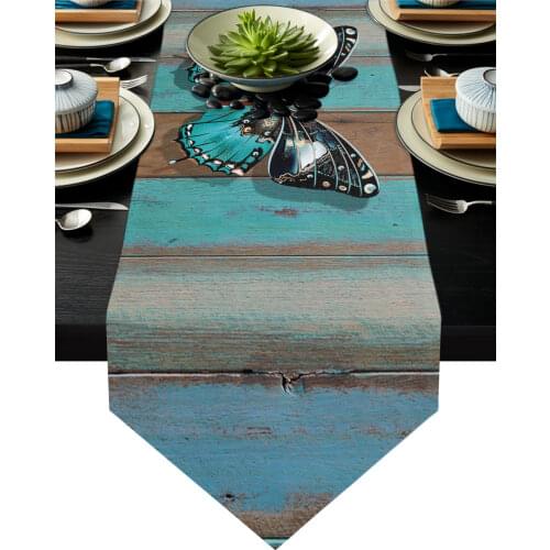 Wooden Texture Turquoise Butterfly Table Runner Country Wedding Decor Tablecloth Placemat Dinning Table Decoration Table Runners