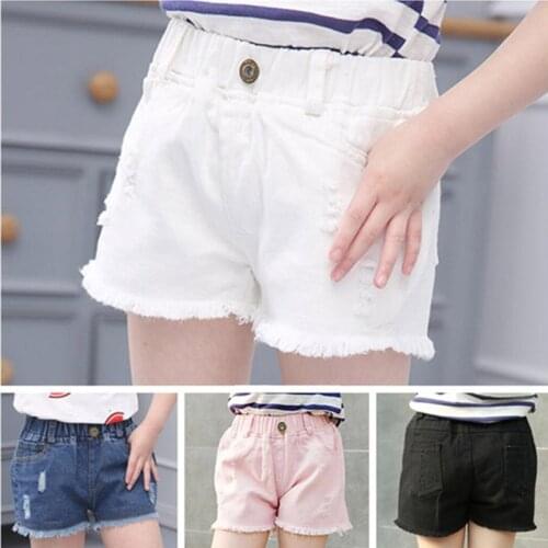 Girls Jeans Shorts Children Clothes Baby Girl White Pink Solid Ripped Denim Pants Toddler Korean Casual Pockets Cotton Short