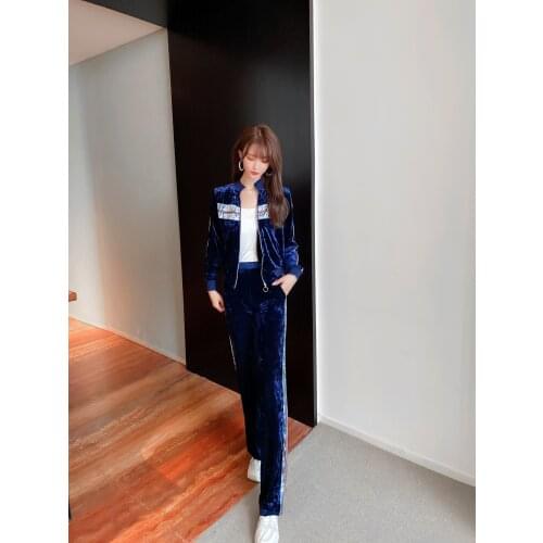 Elegant Velet Tracksuit Women High Waist Pink Zipper Tops Flared Pants Two Piece Set Jogging Femme Sportswear Spring Autumn S-XL