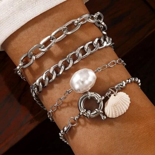 KMVEXO Bohemian Silver Color Baroque Pearl Bracelets&Bangles Set Metal Chains Shell Trees Bracelet For Women Jewelry Accessories