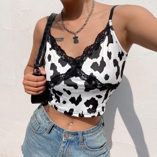 Sexy V Neck Cow Printed Summer Crop Top Women Lace Patchwork Tank Tops Cami Spaghetti Strap Fashion Summer Tops Streetwear