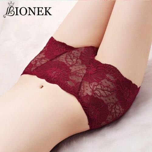 BIONEK Full Lace Woman Underwear High Waist Pants Female Big Code Sexy Transparent Underpantie Ladies Cotton Shorts Girls