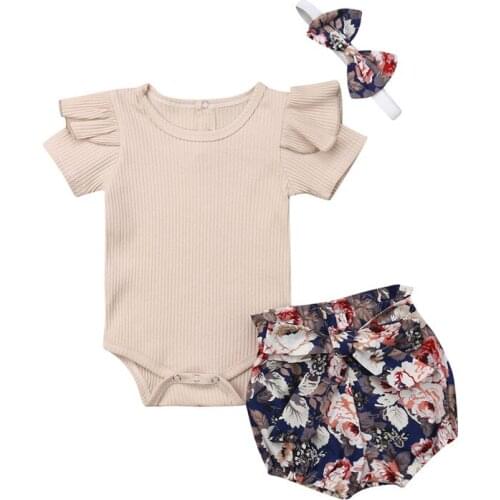 Summer Cute Toddler Kids Baby Girls Solid Short Sleeve Tops+Flower Bodysuit Shorts Briefs Outfits 2Pcs Set