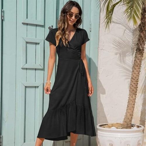 Summer Women Solid Color Short Sleeve Split Sexy Long Dress High Waist V-neck Loose Holiday Party Ladies Dresses