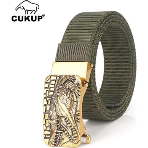 CUKUP Good Quality Nylon Belts for Men Accessories 3.5cm Width Mens Unique Design Crocodile Pattern Buckles Metal Belts CBCK221