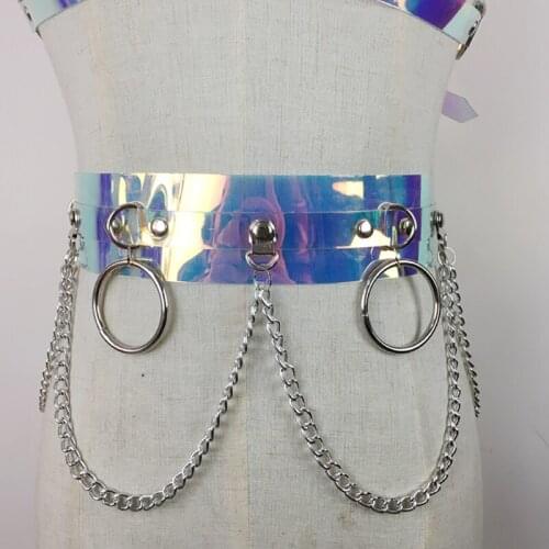 New Fashion Women Rainbow PVC Wide belt Metal Chain Tassel Waist belt with O-Ring