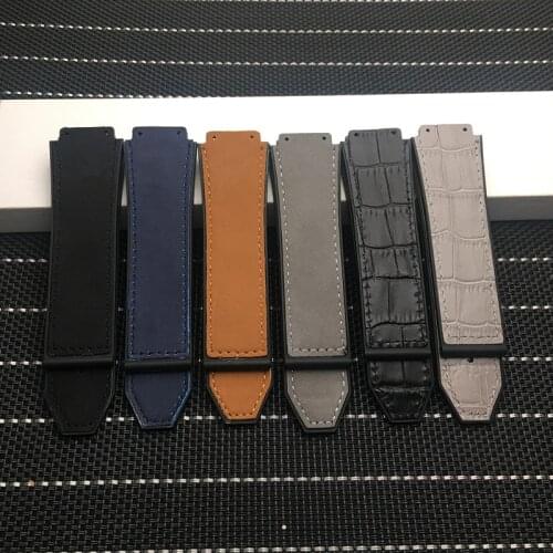 Premium quality leather with rubber silicone watchband watch band for Hublot for Big bang belt authentic strap 25*19mm buckle