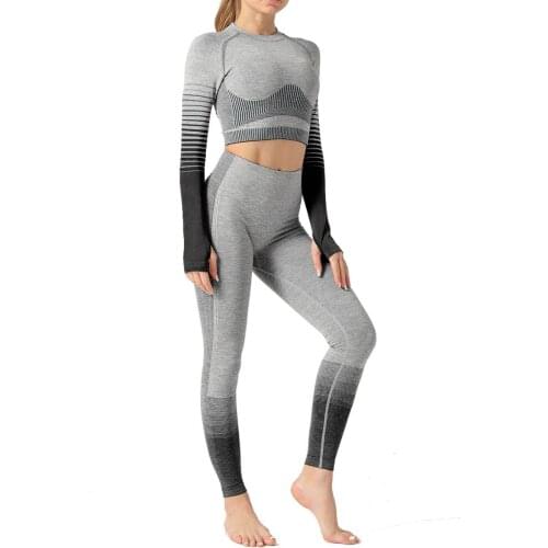 SALSPOR Seamless Set Women Casual Fitness Suits O-Neck Long Sleeve Shirts Female Workout Pants High Waist Slim Push Up Leggings