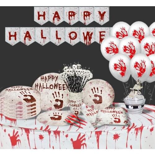 Horror Blood Handprint Halloween Party Paper Plate Straw Disposable Tableware Decoration Happy Halloween Banner Balloons Decor
