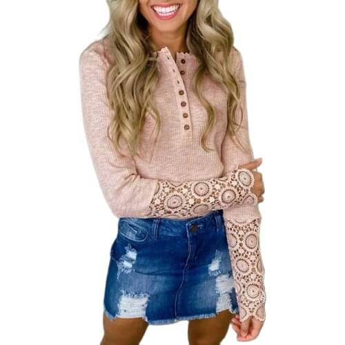 Autumn Winter Women T-Shirts Hollow Lace Long Sleeve Buttons Slim T-Shirt Top Pullover Female Shirts Womens Apparel