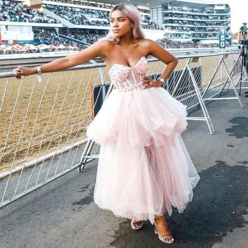 Trend Pearl Pink High Low Women Party Dresses Ruffles Tulle Long Prom Gowns Sweetheart Lace Beaded Long Women Dress Birthday