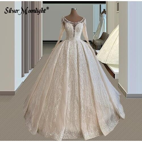 Pearls Long Sleeve A Line Lace Wedding Dresses 2021 Elegant O Neck Full Beaded Appliques Court Train Tulle Vintage Bridal Gown