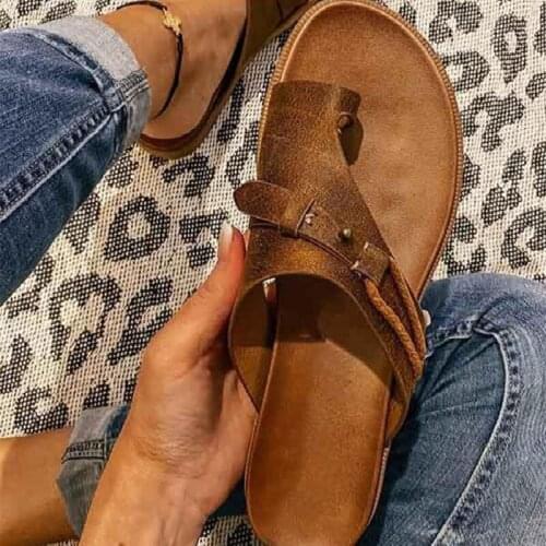 2021 Women Buckle Flip Flop Retro Slippers Woman Summer Fashion Casual Flats Female PU Leather Shoes Ladeis Big Size Footwear