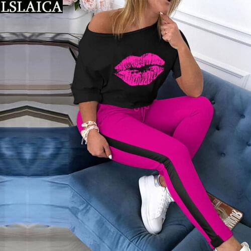 Elegant 2 piece outfits for women lips print short sleeve top&long pant casual fashion 2 piece set women sport office women sets