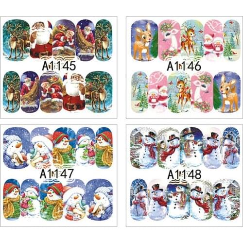 12 Sheets Christmas Nail Sticker Santa Claus Elk Snowman Gift Water Transfer Slider Full Wrap Xmas Cartoon Winter Decal