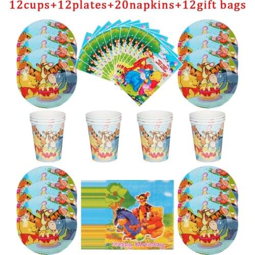 56Pcs Disney Winnie the Pooh Theme Disposable Tableware Boy Birthday Party Decoration Paper Plate+Cup+Napkin+Gift Bags Supplies