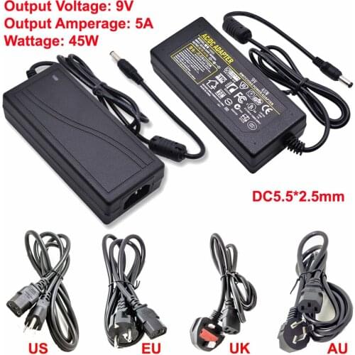 9V 5A 45W Desktop Power Supply Adapter Transformer 110V-240V To DC 9V Include US/EU/AU/UK Plug Cable 5.5x2.5mm Jack Socket