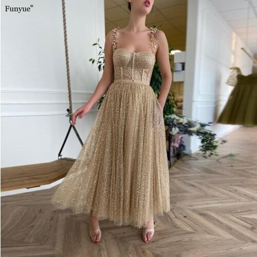 Glittery Gold Sequin Short Prom Dresses 2021 New Shiny Crystal Pearls Straps A Line Tea Length Graduation Evening Party Gowns