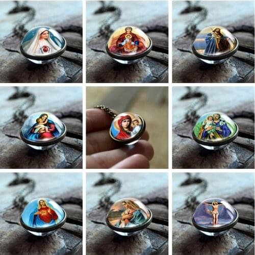 Virgin Mary Portrait of Jesus Christ Glass Cabochon Pendant Necklace Double Sided Handmade Necklace Faith Gift for Christian