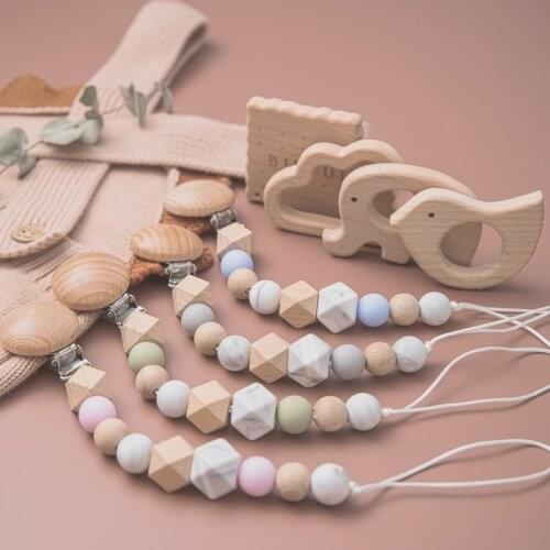 1set Baby Dummy Pacifier Chain Beech Wooden Pacifier Clip Cloud Geometric Silicone Beads Wood Teethers Tiny Rod Clips Baby Gifts