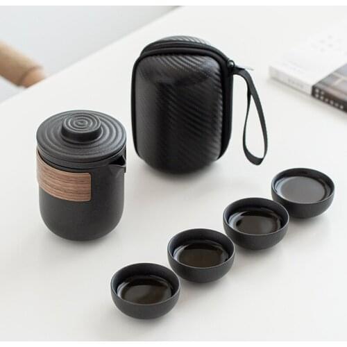 Black Chinese Retro Ceramic Porcelain Kung Fu Tea Set Teaware Tea Pot and Cup Set Travel Tea Set Portable One Pot and Four Cups