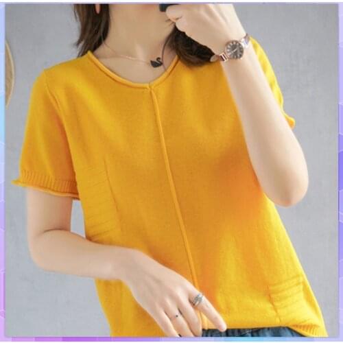 V-neck Knitted T-shirt Woman Cotton And Linen T-shirts Summer Short Sleeved Top Oversized Plus Size Casual Loose Solid Tops