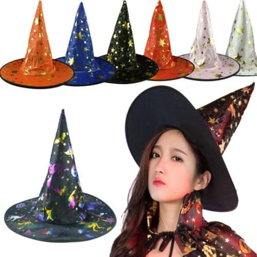 Witch Pointed Cap Colorful Star Print Halloween Costume Party Hats Women Men Halloween Costume Accessory Devil Cap