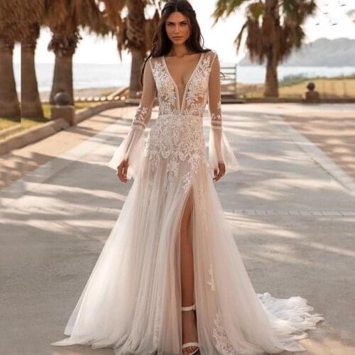 Hot Sale Charming Lace Long Sleeve Bridal Wedding Dresses Sexy Side Split Plunge V Neckline Wedding Gown for Bride Illusion Back