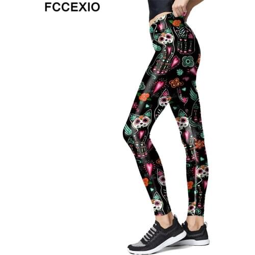 FCCEXIO Calavera Cats Sugar Skull Leggings High Waist Activewear Dia de los Muertos Leggins Fitness Pants New Workout Pants