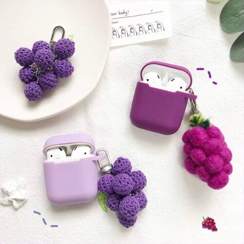 Summer Grapes Case for Airpods 2 1 Matte Cover Silicone Case with Grape Wool Felt Pendant Keychain Headset Case for Airpods 1 2