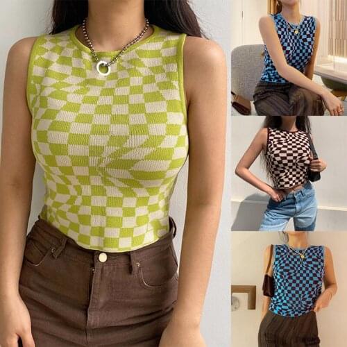 Hot Kf-Summer Knit Crop Tops Women Sleeveless Tank Top Basic T Shirts Casual Vest Streetwear Tank Top Vintage