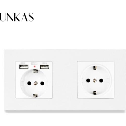 UNKAS EU Standard Wall Socket Grounded With 2 USB Charge Port Hidden Soft LED + 1 Gang Wall Socket PC Panel White Black Gold