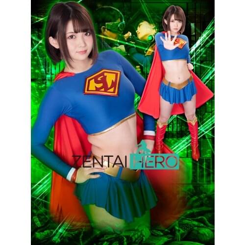 New Arrival Womens Hero Spandex Two Pieces Bodysuits Sexy Blue Supergirl Lady Zentai Catsuit Movie Sexy Giga Leotard With Cape