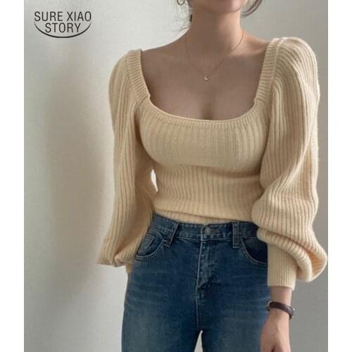 Solid Knitted Warm Top Womens Long-sleeved Slim Women Sweater Retro Square Neck Puff Sleeve Womens Sweater Temperament 16062