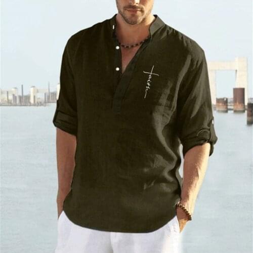 2021 autumn new mens casual cotton and linen letter shirt cotton and linen loose casual handsome mens shirt