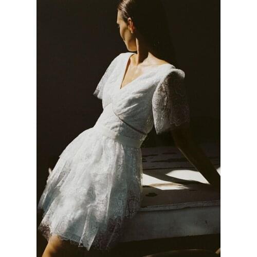 Romantic White Rose Emboridery Lace Sequin Tiered Mini Dress Semi-Sheer V-Neck Eyelet Bridesmaid Party Princess Fairy Night Gown