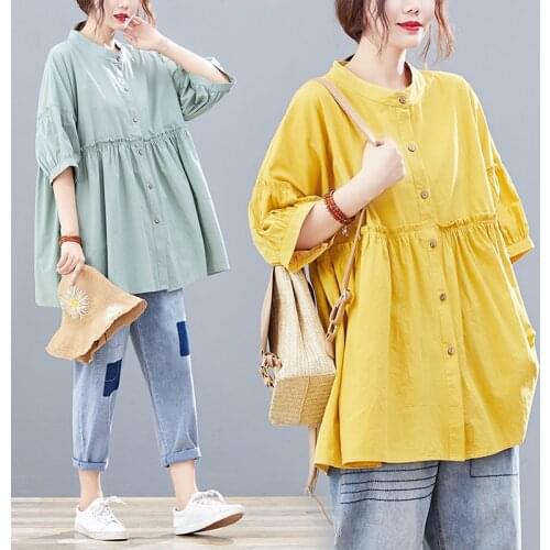 Large size casual slimming doll shirt women summer new loose age-reducing Fungus Splicing mid-length stand-up collar shirt tops