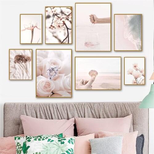 Scandinavian Nature Landscape Canvas Painting Pink Sweet Flower Tree Shell Wall Art Poster Nordic Print Picture Modern Home Deco