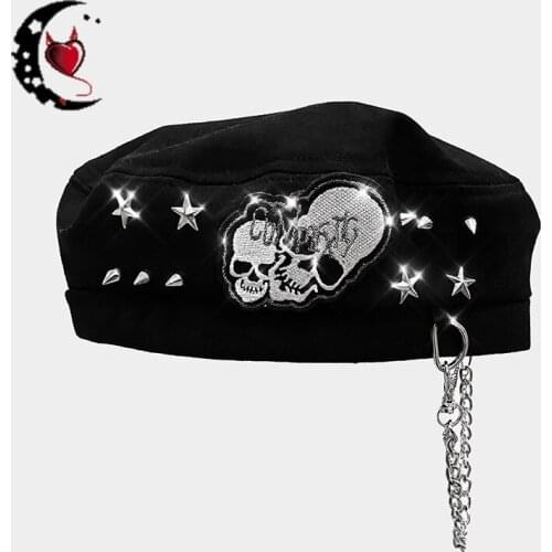 Punk Cool Rock Girl Chain Skull Rivets Beret Women Hat Gothic Black Grunge Hip Hop Streetwear