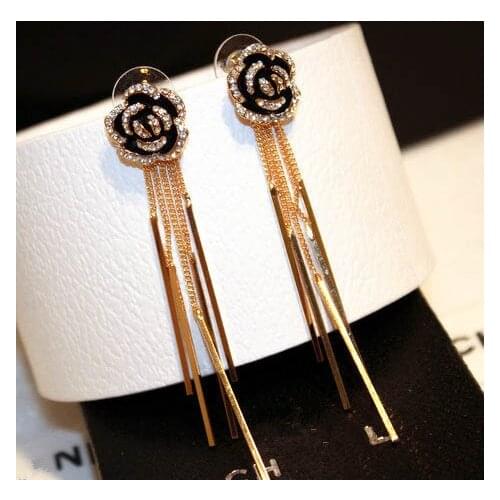 Crystal Camellia Flower Long Tassel Dangle drop Earrings brincos boucles d'oreilles bijoux earrings for women