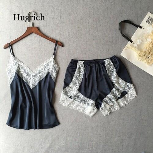 Womens Sleepwear Sexy Satin Pajama Set White Lace V-Neck Pyjamas Sleeveless Cute Cami Top and Shorts